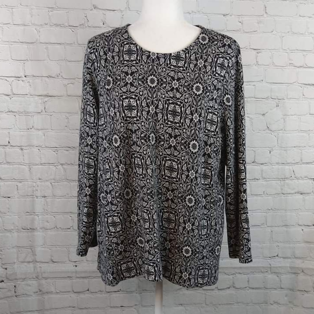J.Jill Women Black& White Floral Long Sleeve Top L